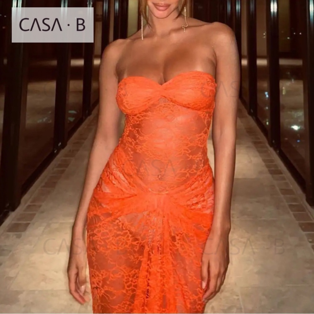 NEW to CASA B💫 Theresa Front-Twist Strapless Lace Maxi Dress-Tangerine orange - Picture 9 of 17
